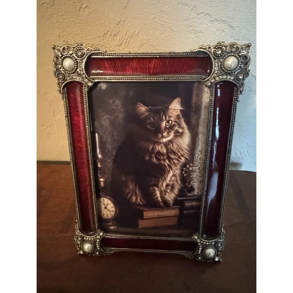 Vintage Bombay Company Red Enamel Rhinestone Pearl Ornate Picture Frame 4x6